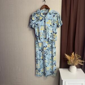 Bizzit Collection Vintage Set Size L Blue Floral 2 Piece Sleeveless Dress  Shirt